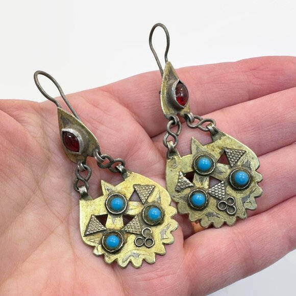 Middle Eastern Earrings, Old Silver, Gold Wash, Vintage Earrings, Afghan, Kuchi - Picture 1 of 3